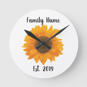 Yellow Painted Sunflower with Family Name Round Clock