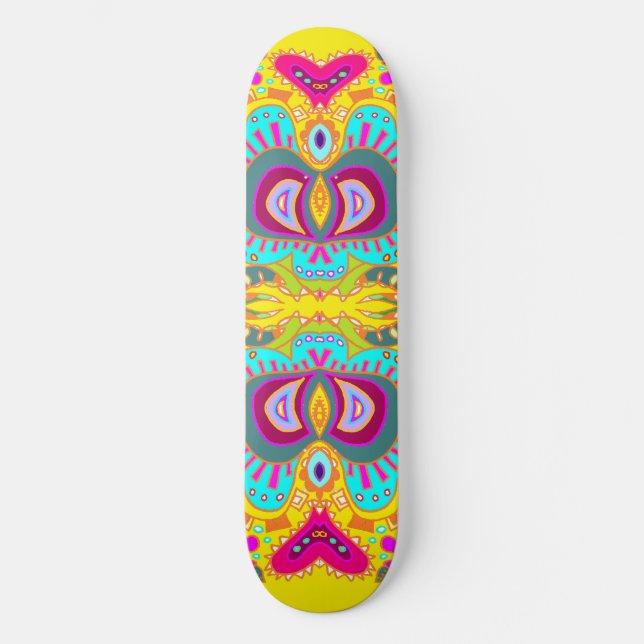 Yellow Paisley Pink Heart Kaleidoscope Skateboard Deck (Front)
