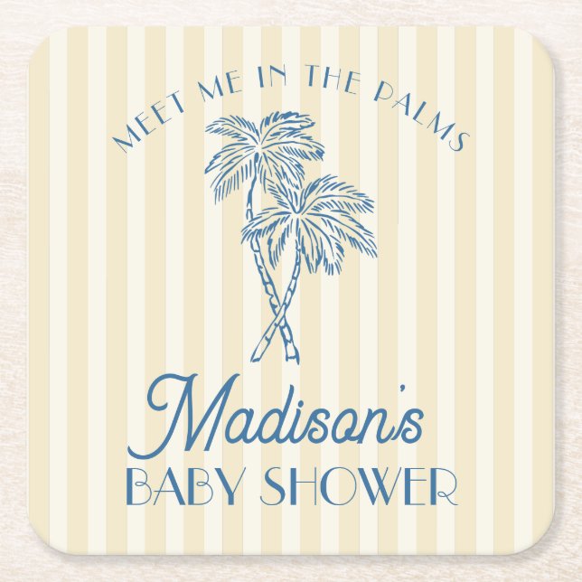 Yellow Palm Spring Pastel Beach Baby Shower Square Paper Coaster (Front)