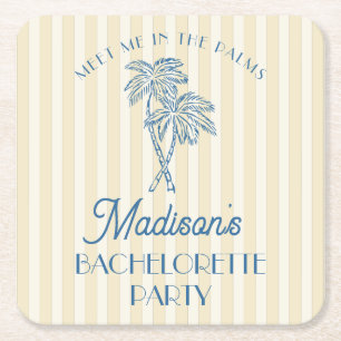 Yellow Palm Spring Pastel Beach Bachelorette Party Square Paper Coaster