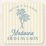 Yellow Palm Spring Pastel Beach Birthday Party Square Paper Coaster<br><div class="desc">Meet me in the palms! Our Palm Springs Party Collection is a dreamy blend of vintage beach cabana charm and pastel perfection. Featuring soft stripes, breezy palm trees, and a touch of retro glam, this collection brings the magic of a sun-soaked getaway to your celebration. Whether you're hosting a bachelorette...</div>