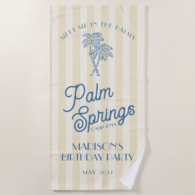 Yellow Palm Springs Pastel Beach Birthday Party Beach Towel (Front)