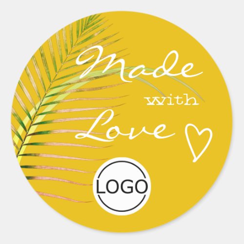Yellow Palm Tree Leaf Made with Love Logo Template Classic Round Sticker
