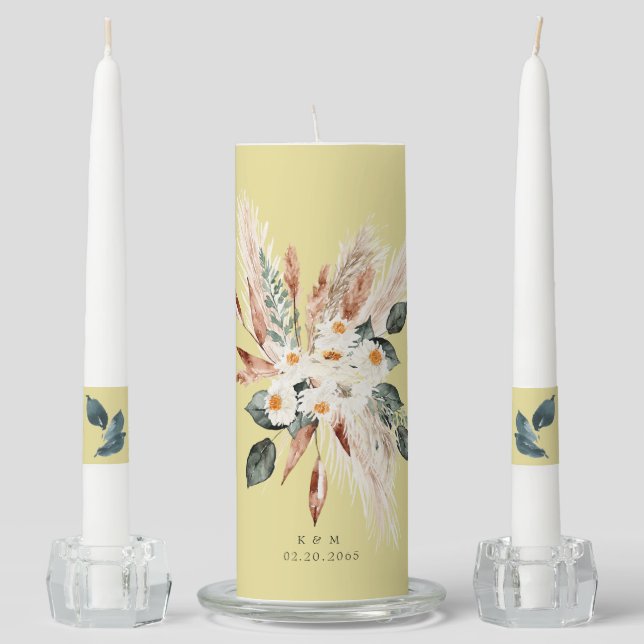 Yellow Pampas Foliage Unity Candle Set (Front)
