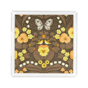Yellow pansies, birds and butterflies acrylic tray
