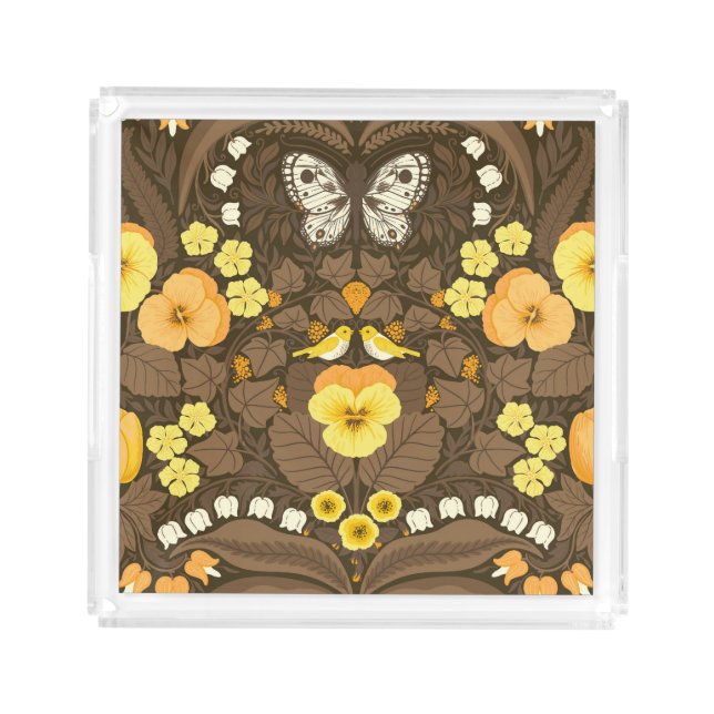 Yellow pansies, birds and butterflies acrylic tray (Front)