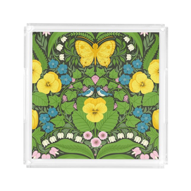 Yellow pansies, birds and butterflies acrylic tray (Front)