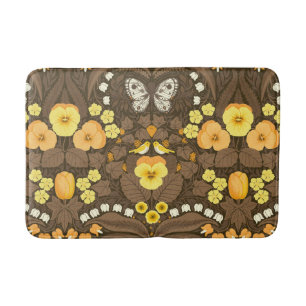 Yellow pansies, birds and butterflies bath mat