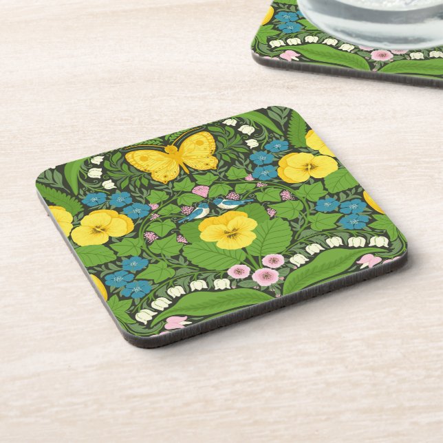 Yellow pansies, birds and butterflies beverage coaster (Left Side)