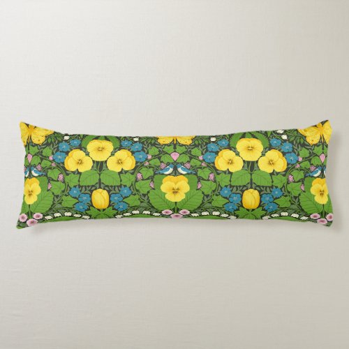 Yellow pansies birds and butterflies body pillow