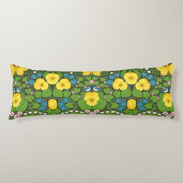 Yellow pansies, birds and butterflies body pillow (Front)