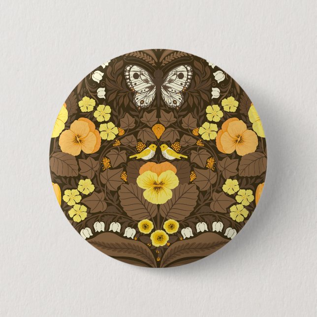 Yellow pansies, birds and butterflies button (Front)