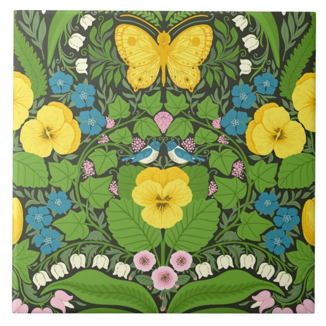 Yellow pansies, birds and butterflies ceramic tile (Front)