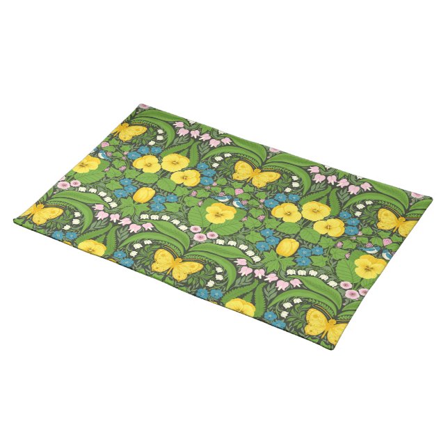 Yellow pansies, birds and butterflies cloth placemat (On Table)