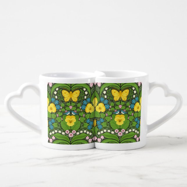 Yellow pansies, birds and butterflies coffee mug set (Front Nesting)