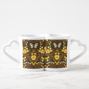 Yellow pansies, birds and butterflies coffee mug set