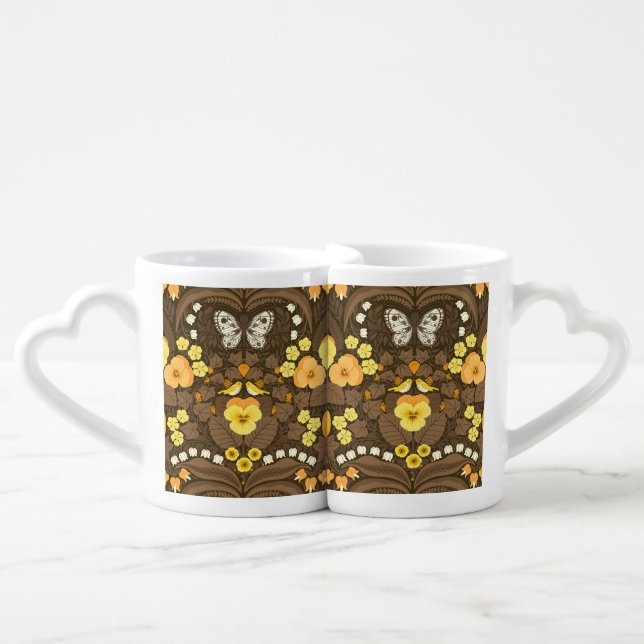 Yellow pansies, birds and butterflies coffee mug set (Front Nesting)
