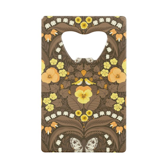 Yellow pansies, birds and butterflies credit card bottle opener (Front)