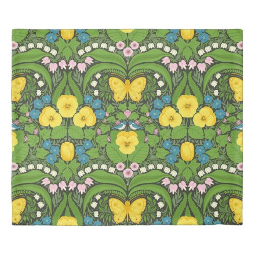 Yellow pansies birds and butterflies duvet cover