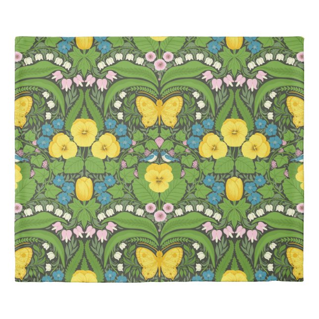 Yellow pansies, birds and butterflies duvet cover (Front)