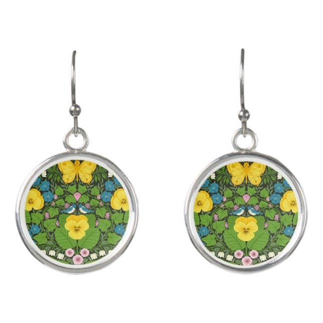 Yellow pansies, birds and butterflies earrings (Front)