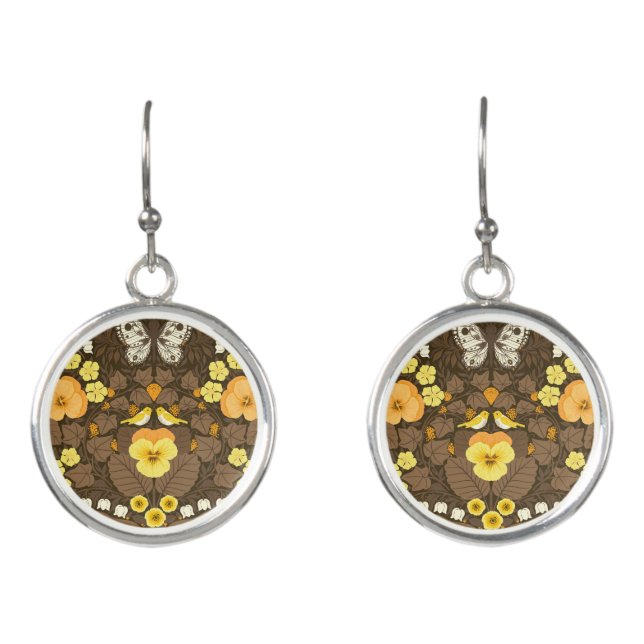 Yellow pansies, birds and butterflies earrings (Front)