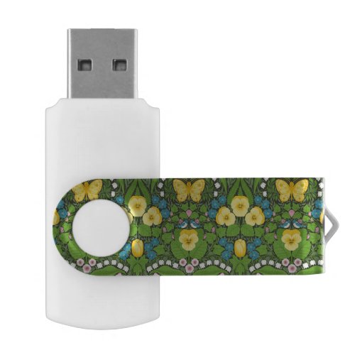 Yellow pansies birds and butterflies flash drive