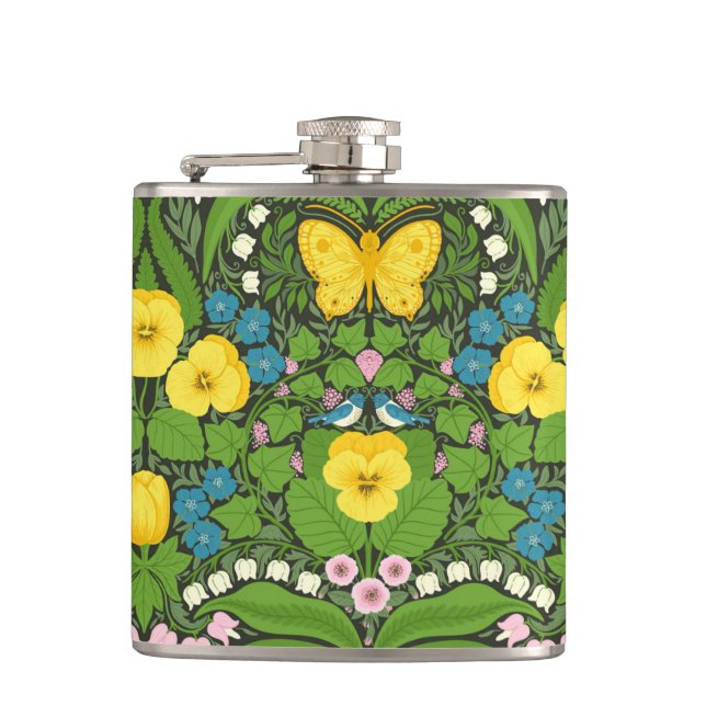 Yellow pansies, birds and butterflies flask (Front)