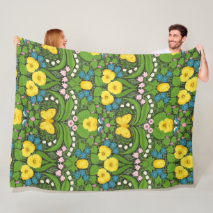 Yellow pansies, birds and butterflies fleece blanket