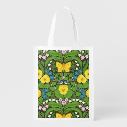 Yellow pansies birds and butterflies grocery bag