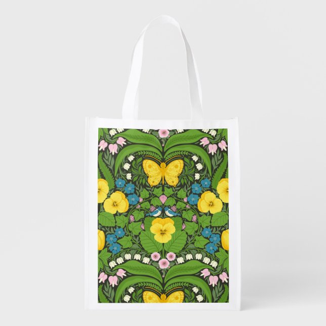 Yellow pansies, birds and butterflies grocery bag (Front)