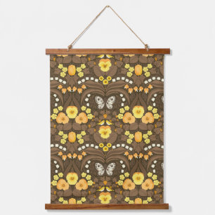 Yellow pansies, birds and butterflies hanging tapestry