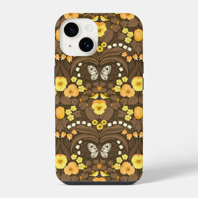 Yellow pansies, birds and butterflies iPhone case (Back)