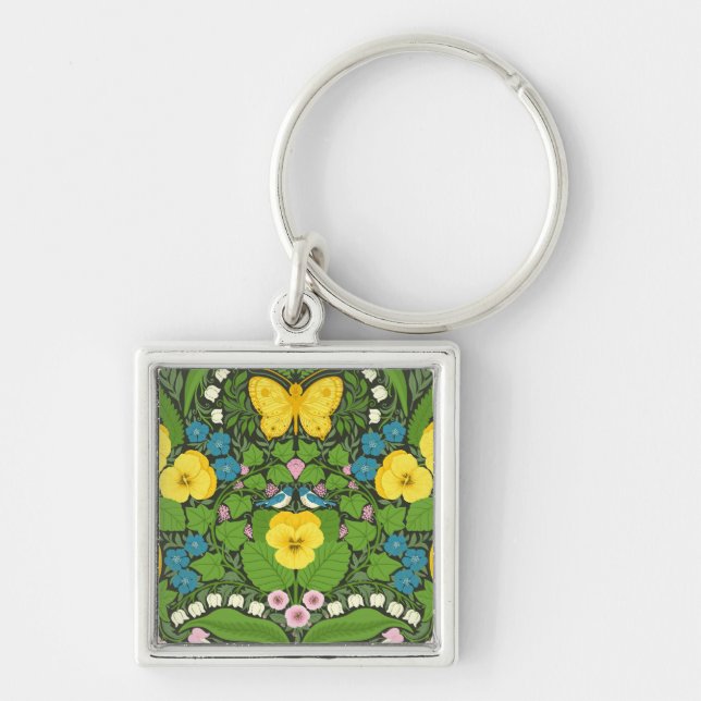 Yellow pansies, birds and butterflies keychain (Front)