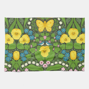 Yellow pansies, birds and butterflies kitchen towel