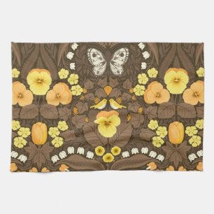 Yellow pansies, birds and butterflies kitchen towel