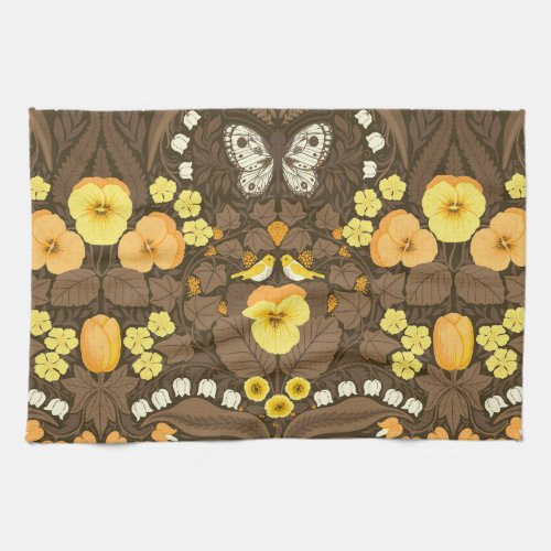 Yellow pansies birds and butterflies kitchen towel