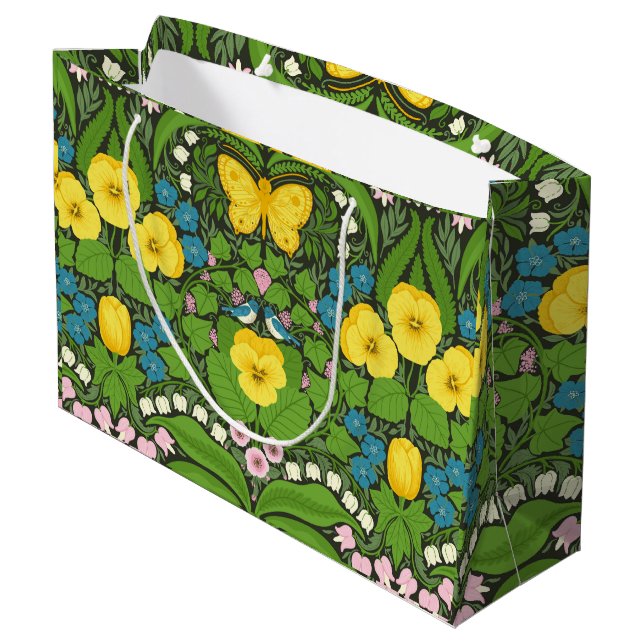 Yellow pansies, birds and butterflies large gift bag (Back Angled)