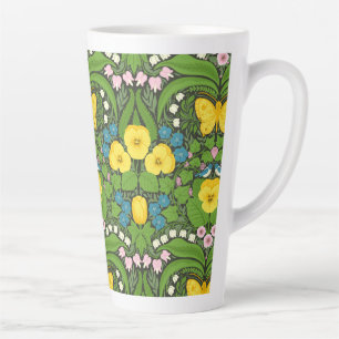 Yellow pansies, birds and butterflies latte mug