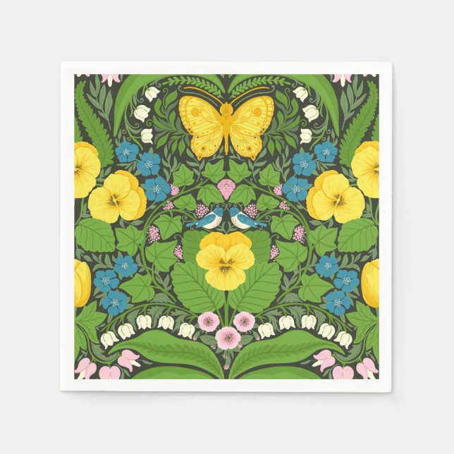 Yellow pansies, birds and butterflies napkins (Front)