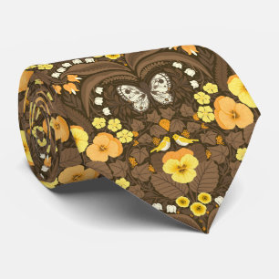 Yellow pansies, birds and butterflies neck tie