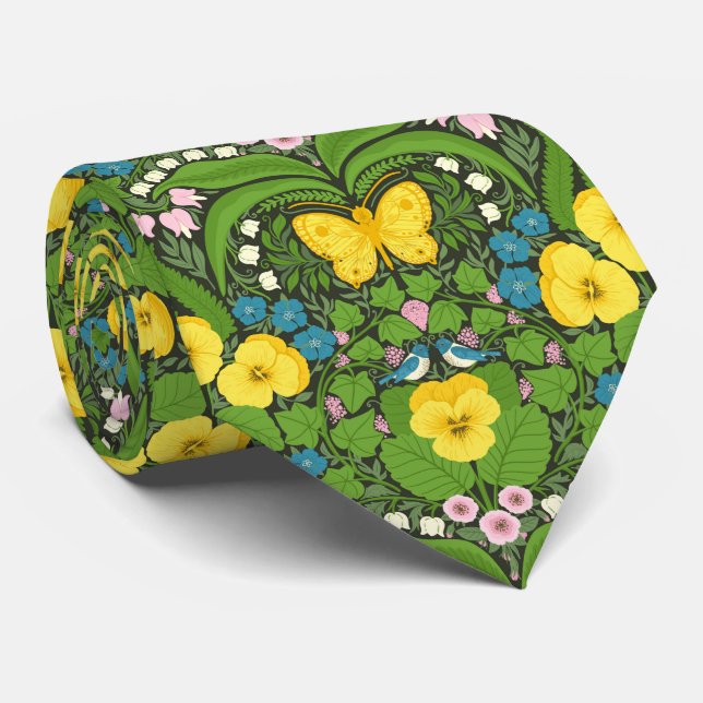 Yellow pansies, birds and butterflies neck tie (Rolled)