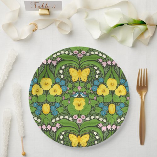 Yellow pansies birds and butterflies paper plates