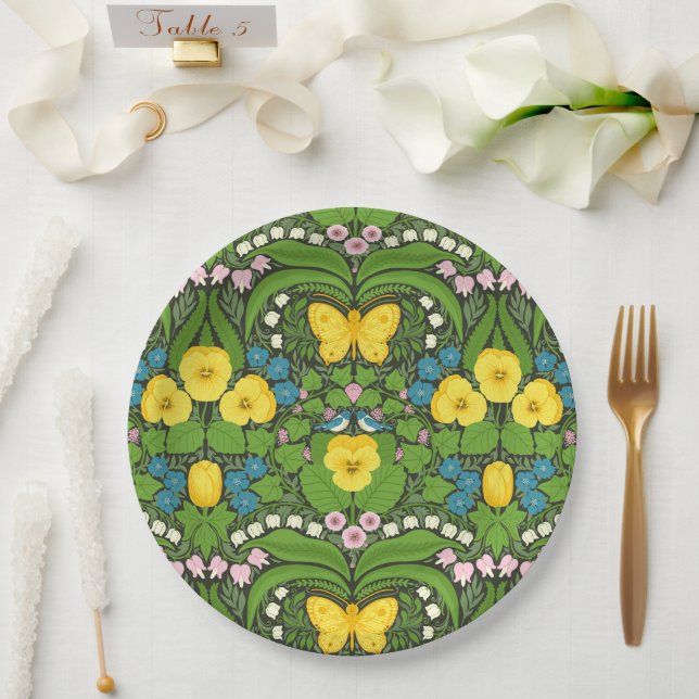 Yellow pansies, birds and butterflies paper plates (Wedding)