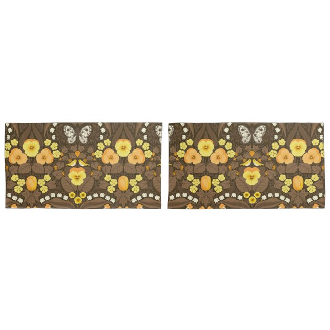 Yellow pansies, birds and butterflies pillow case (Front-Set)