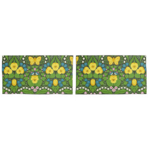 Yellow pansies, birds and butterflies pillow case