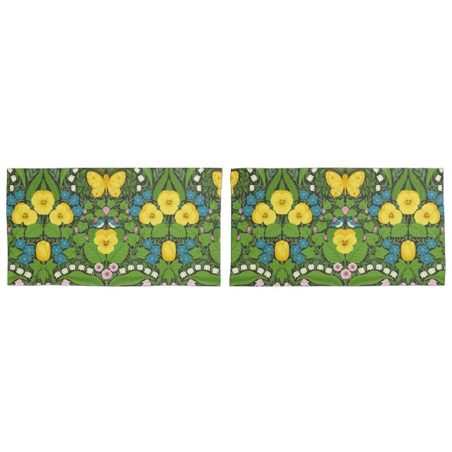 Yellow pansies, birds and butterflies pillow case (Front-Set)