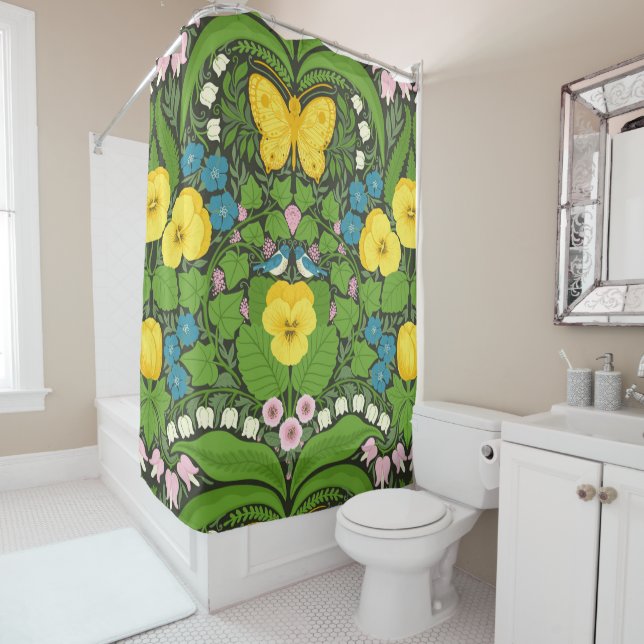Yellow pansies, birds and butterflies shower curtain (In Situ)