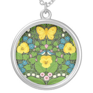 Yellow pansies, birds and butterflies silver plated necklace