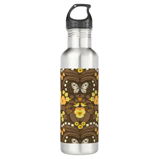 Yellow pansies, birds and butterflies stainless steel water bottle (Front)